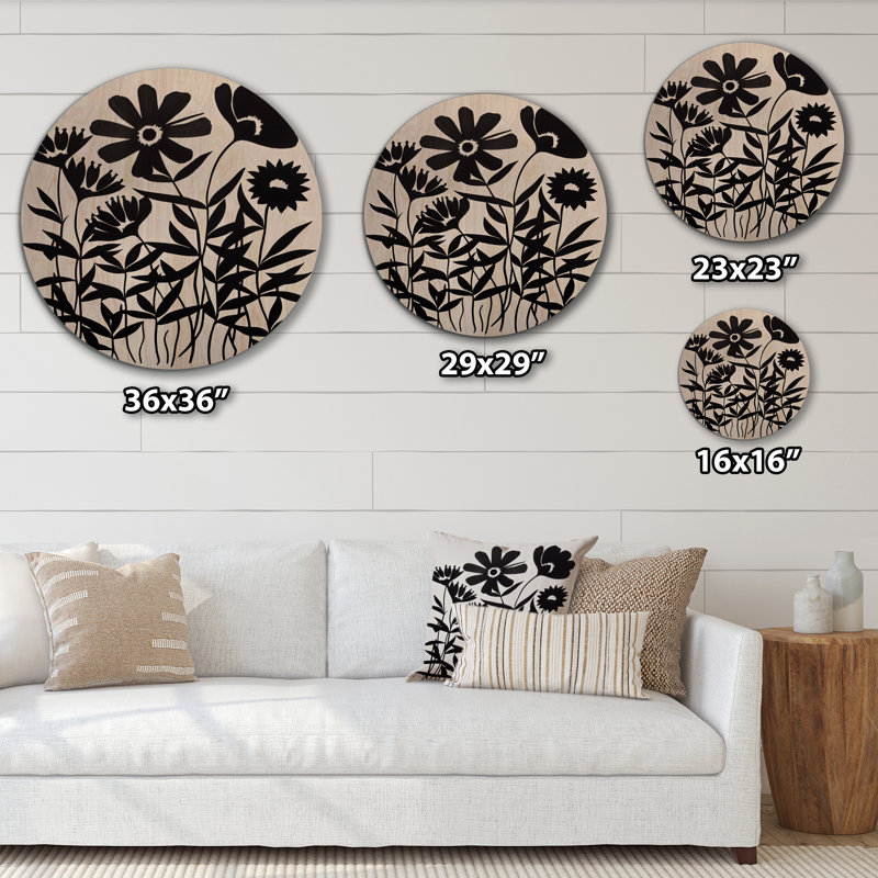 Fleurs noires et blanches IV - Art floral sur bois - Bois de pin naturel, H 36 po x l 36 po x P 1 po