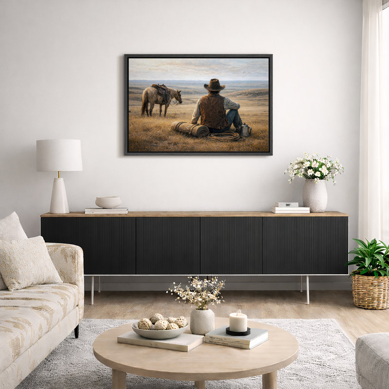 Cowboy et cheval, H 16 po x l 24 po x P 1,5 po, Cadre noir