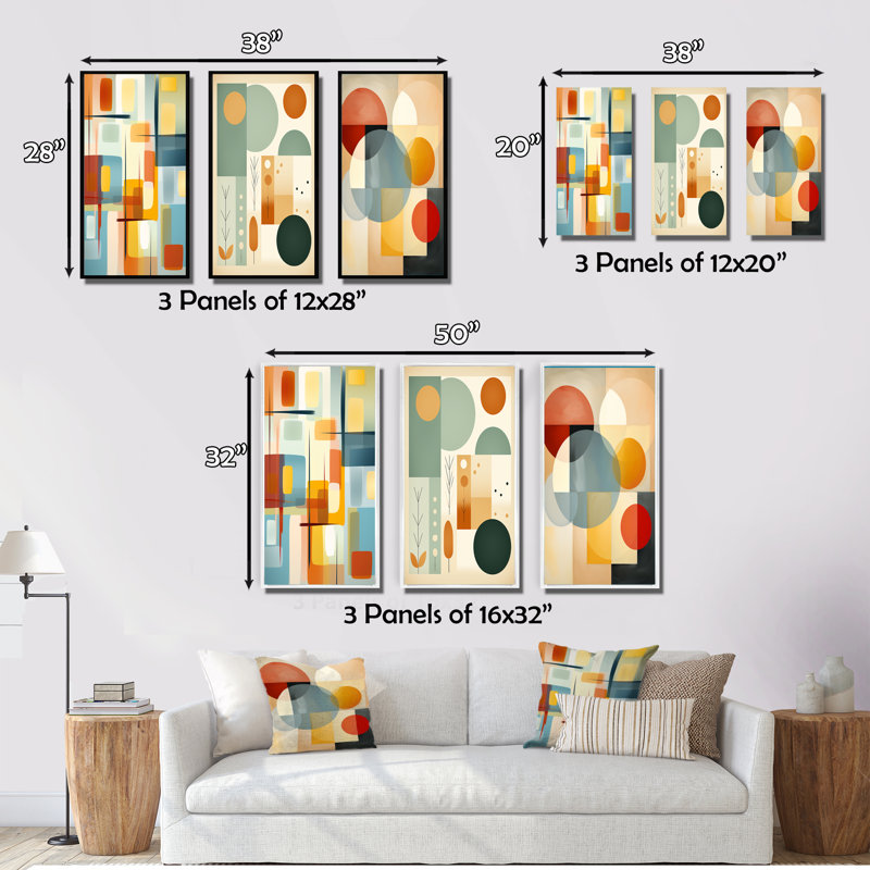 «Midcentury Minimal Abstract Geometric Art», ensemble de 3 reproductions, Cadre flottant noir, H 32 po x l 48 po