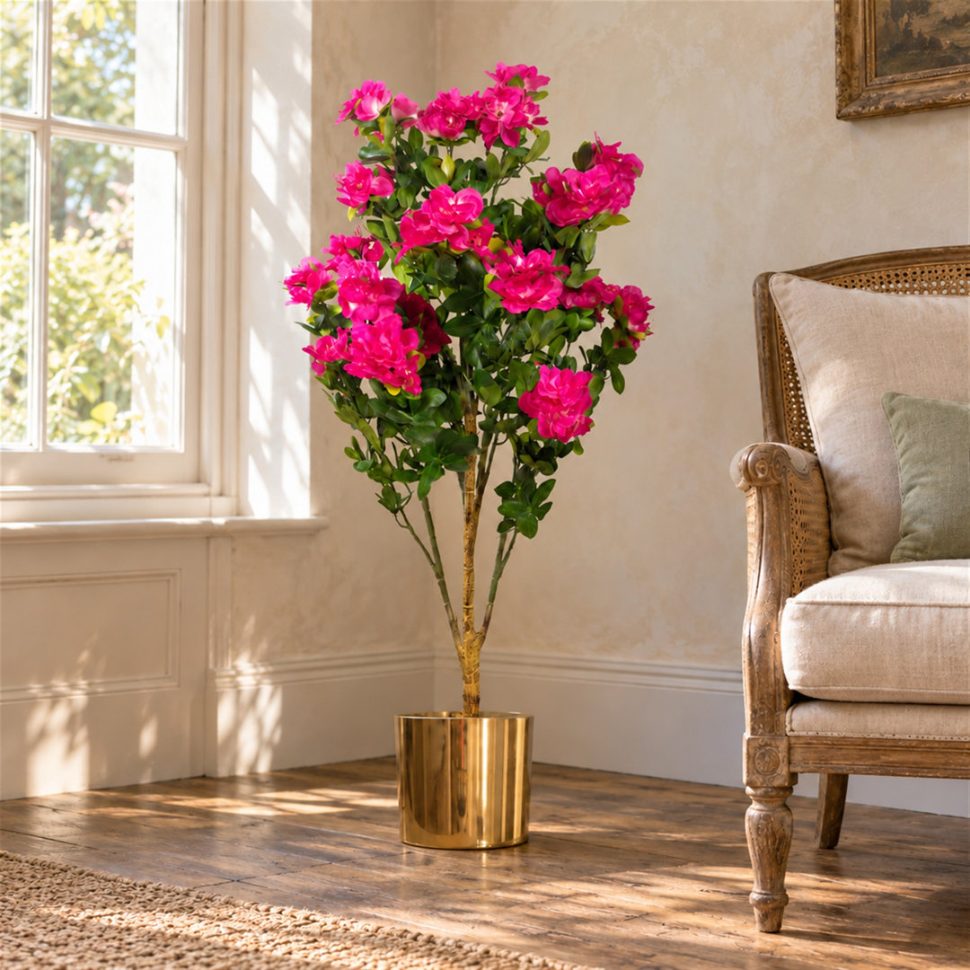 B&Q - 100Cm Realistic Artificial Azalea Pink Flowers Potted Plant With Gold Metal Planter - Image 4