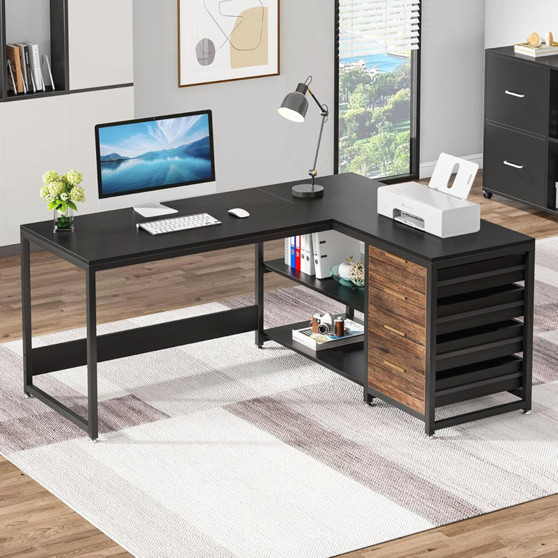 Bureau d'ordinateur en L 59 pouces, Noir / brun