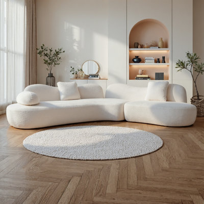 128" Modern Curved Sectional Sofa, Butterfly Backrest, Boucle 5-Seater With 3 Pillows, Solid Wood Frame & Steel Springs