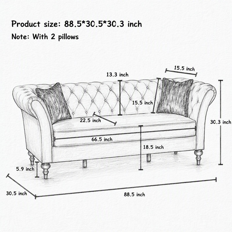 Canapé Chesterfield 3 places en velours capitonné, accoudoirs arrondis, pieds en bois sculpté, 225 cm de large, avec 2 coussins