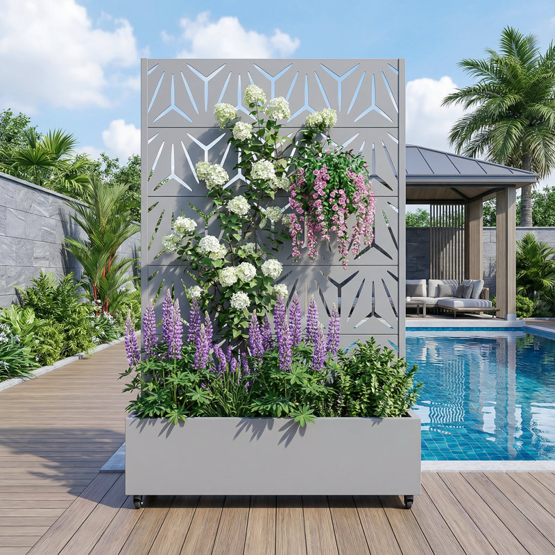 Metal Planter Box with Trellis with Wheels, 72" H x 47" W x 16" D, Gray