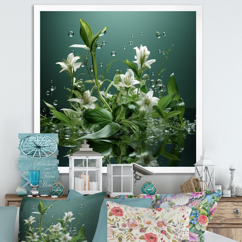 Herbes vertes et paysages d'eau, H 16 po x l 16 po x P 1 po, Cadre simple blanc