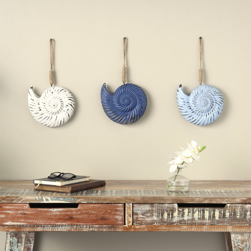 Ensemble de décoration murale en bois bleu coquille patinée avec jute