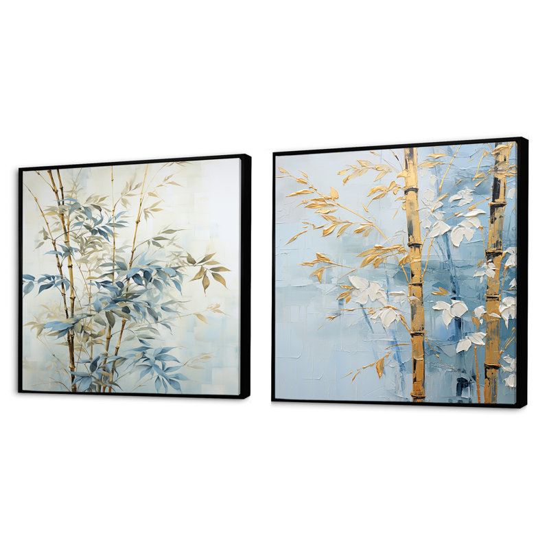 Ensemble de 2 collages carrés en bambou bleu et doré Minimalisme, Cadre flottant noir, H 16 po x l 33 po