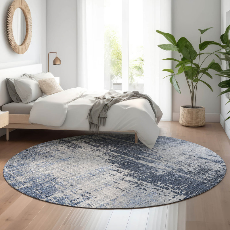 Tapis bleu marine de qualité supérieure lavable à la machine Prisco, Rond 8 pi