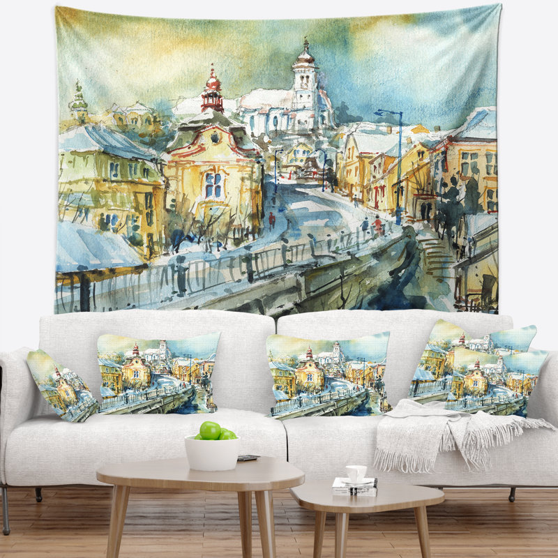 Tapisserie aquarelle paysage urbain, H 50 po x l 60 po