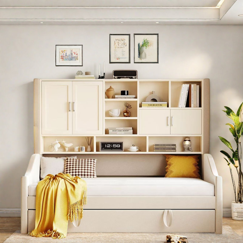 Upholstered Daybed With Led Armrest Lights, Storage Shelves And Cabinets, Beige