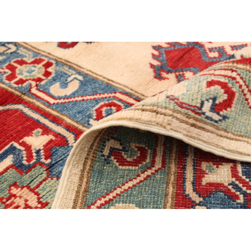 Tapis unique en laine noué à la main de style Gazni beige et rouge des années 2010 de 6 pi 9 po x 10 pi 3 po Qaiden