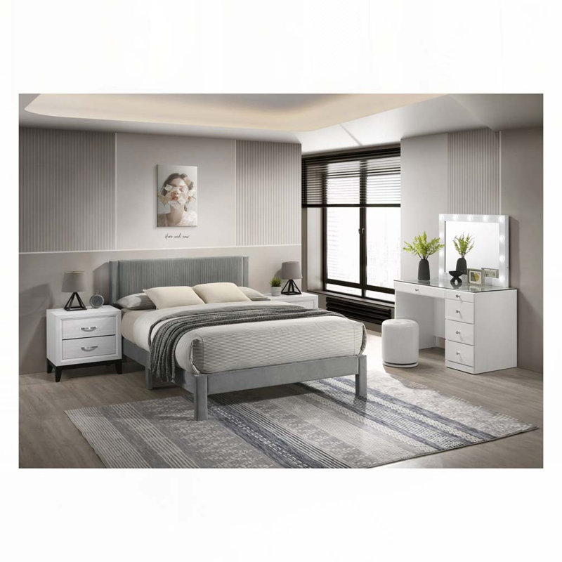 Plush Upholstered Platform Bed, Light Gray, Queen