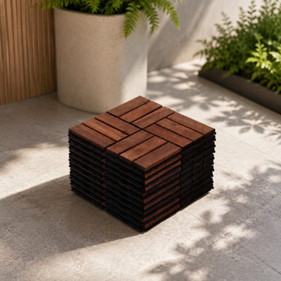 Ensemble de tuiles de terrasse en bois d'acacia emboîtables 10 pièces, motif damier 12 x 12 pouces, brun