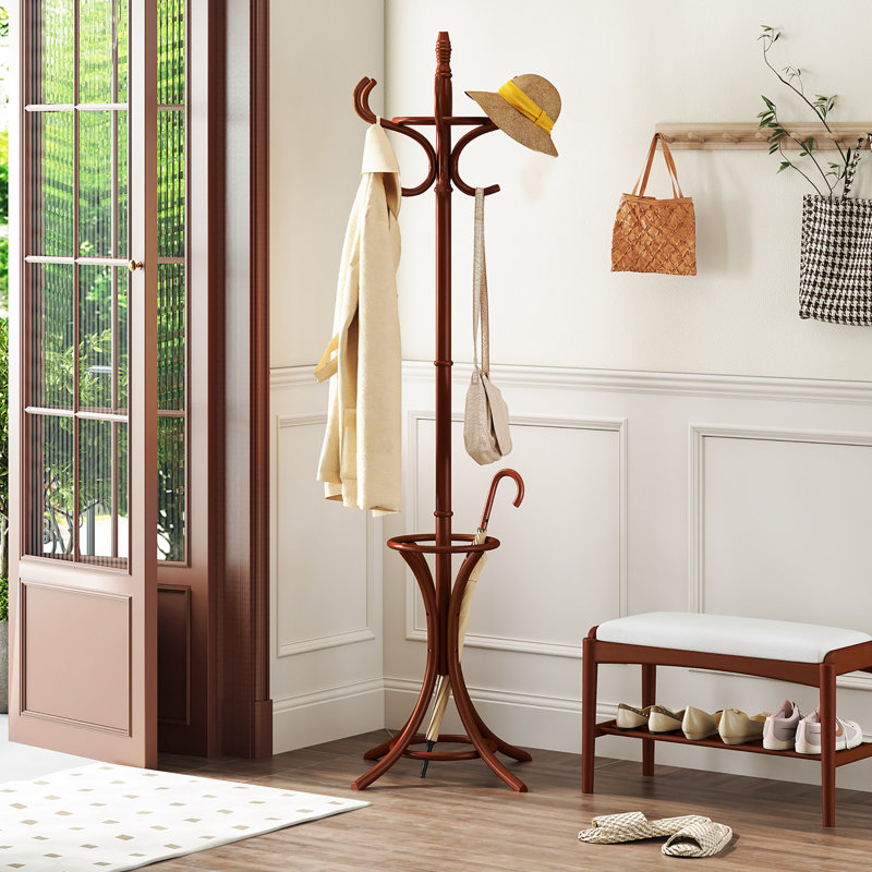 Solid Wood Freestanding Coat Rack, Reddish Brown