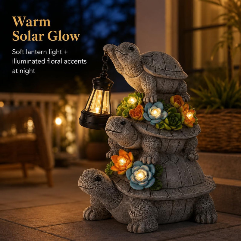Resin Solar-Powered Stacked Turtle Garden Statue