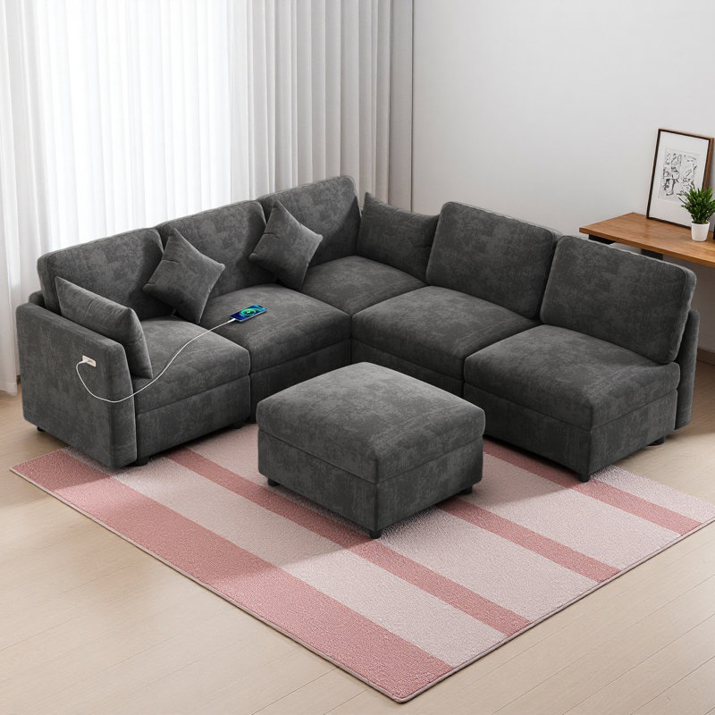 Canapé modulaire 85,4 po Canapé modulaire en U Canapé-lit Canapé-lit en L avec repose-pieds mobile et deux ports USB