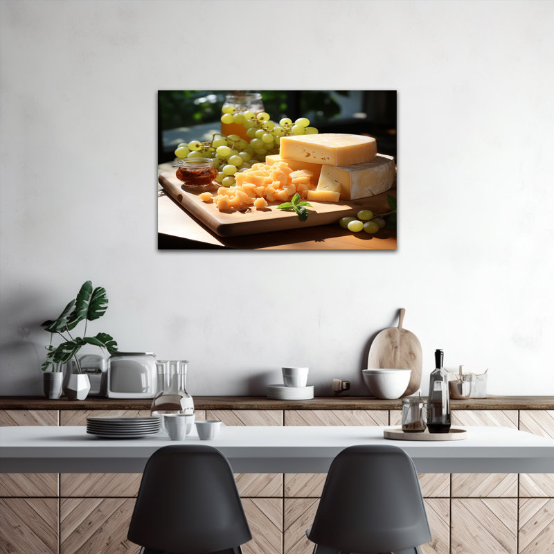 Large Adriany Food Still Life, impressions sur toile, fromages, raisins, table rustique, peinture sur toile encadrée, affiche prête à être suspendue, 28 x 40 po
