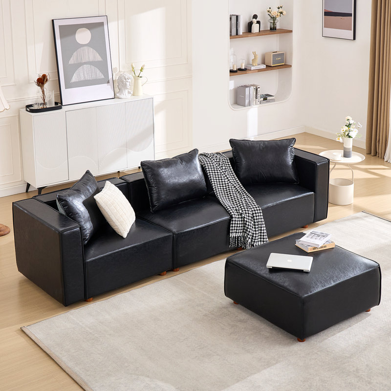 Upholstered Leather L-Shaped Modular Sofa, Black Faux Leather