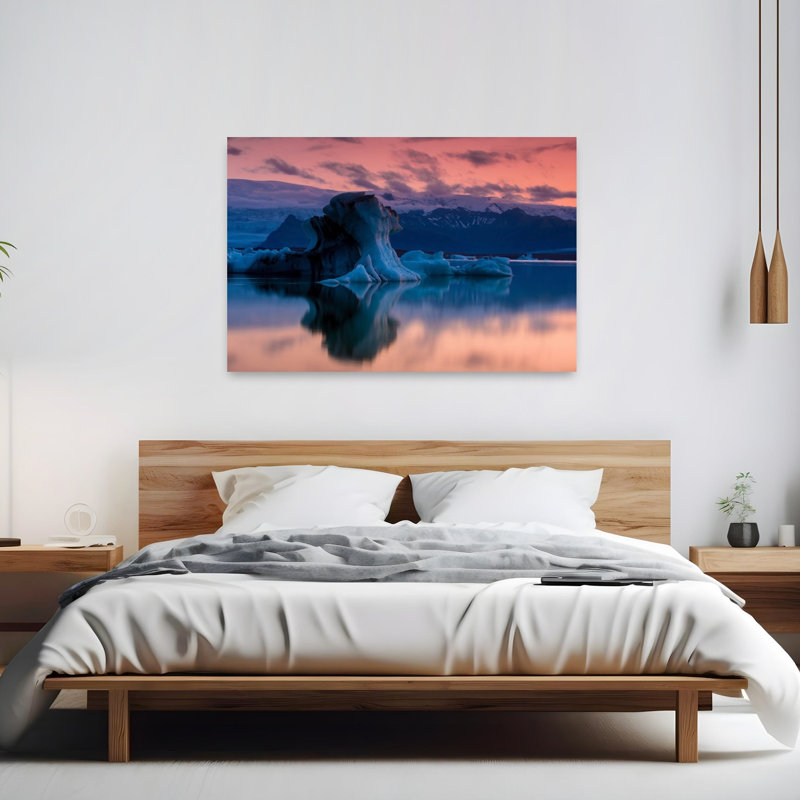 Pink Sky Iceberg Lagoon Colorful Dramatic Ethereal Landscape Nature Wall Art Print 1 Piece Wrapped Canvas Wall Art