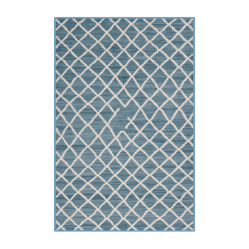 Machine Washable Trellis Blue Area Rug, Rectangle 7' x 9'