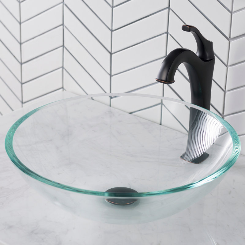 Glass Circular Vessel Bathroom Sink with Faucet, Oil Rubbed Bronze