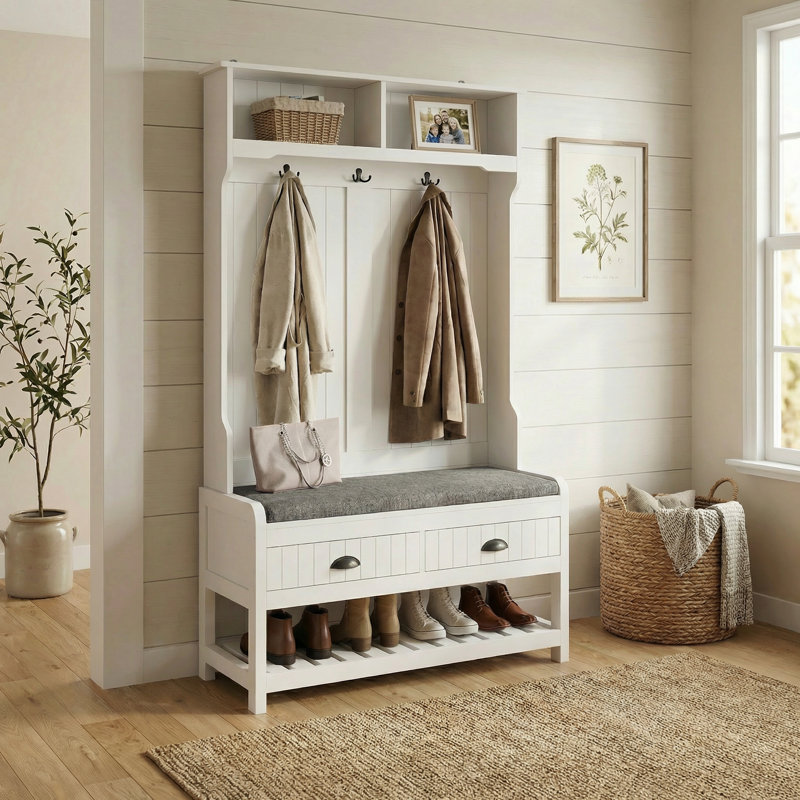 34.3 " Wide Hall Tree with Drawers and Shoe Storage, White