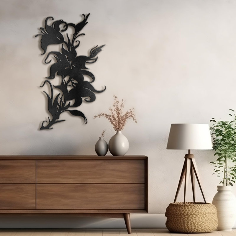 Fleurs, décoration murale abstraite moderne minimaliste, décoration murale en métal, H 24 po x l 14,91 po x P 0,05 po, Noir