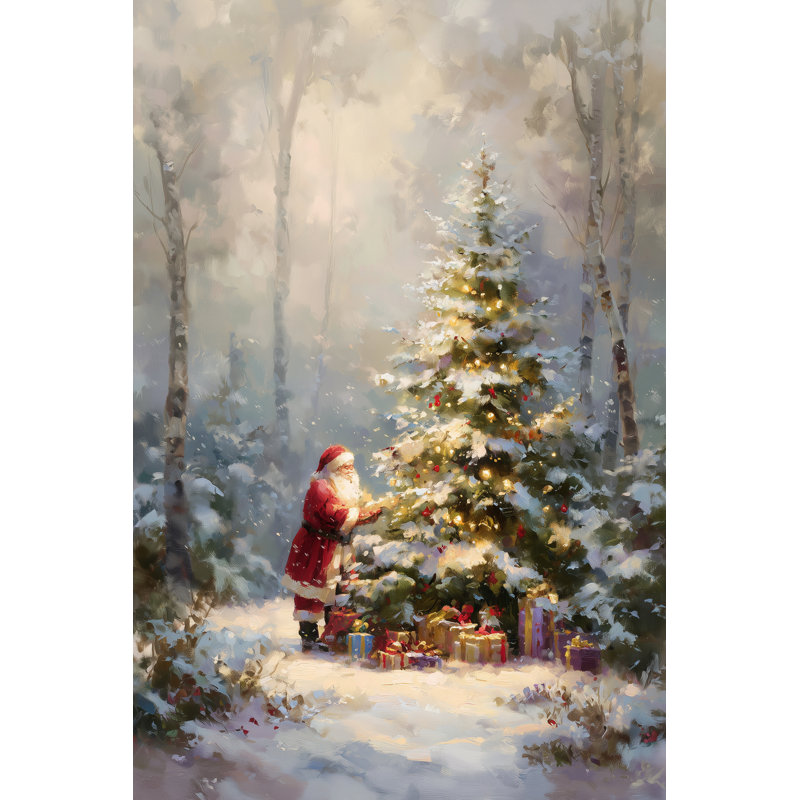 «Santa Decorating a Snowy Christmas Tree», art mural sur toile, 30 po x 40 po