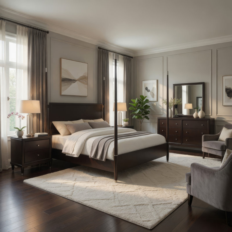 Ensemble de lit grand affiche 5 pièces Amber, bois brun foncé moderne, commode, Queen