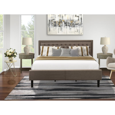 2 Piece Bed Set Queen - 1 Queen Bed Brown Linen Fabric Padded and Button Tufted Headboard with 1 Wood Nightstand - Distressed Jacobean Finish Nightstand