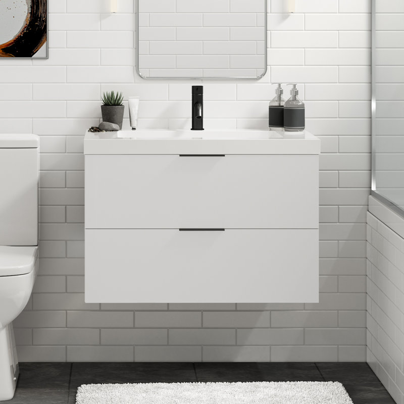 Avila 24" W Wall Mounted Single Bathroom Vanity, Glossy White/Single, Matte Black, White Acrylic