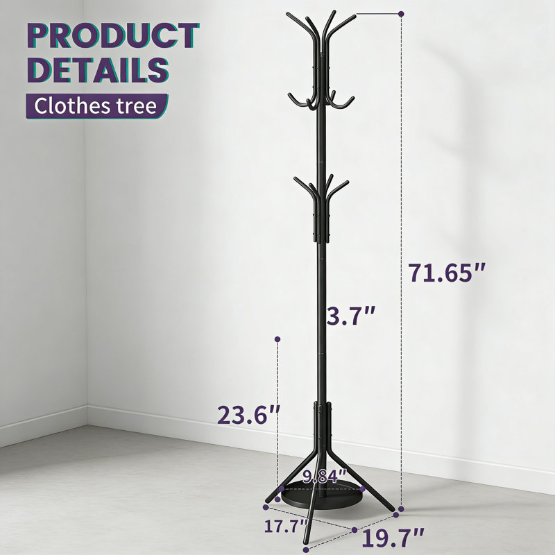 Freestanding Coat Rack With 12 Hooks And Umbrella Holder, Sturdy Metal Hall Tree Stand For Entryway, Hallway, And Living Room Storage