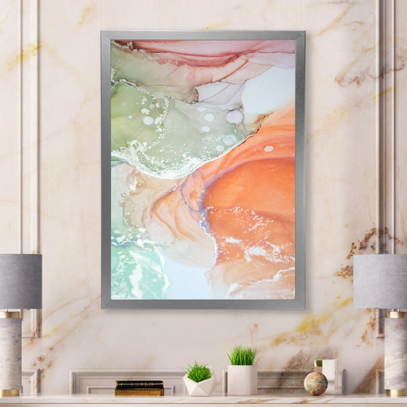 Art liquide, ondulations en vert et orange - reproduction d'art moderne sur toile, Cadre photo argenté