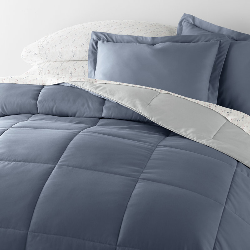 7-Piece Reversible Bedding Bundle - Solid Comforter and Patterned Sheet Set, King Comforter + 1 Additional Piece, Gray Floral