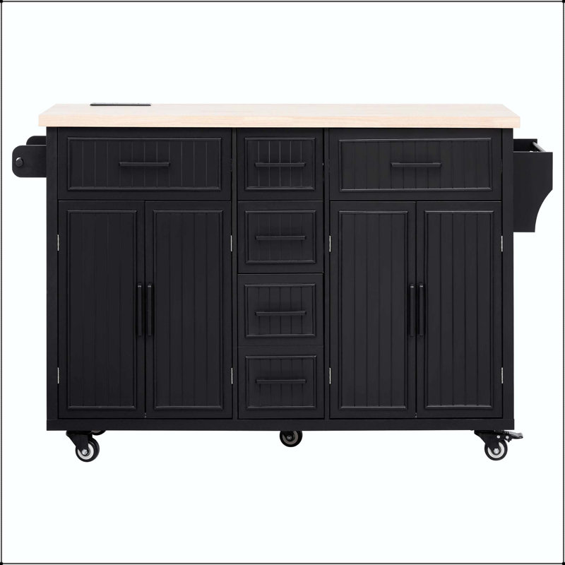 56.5" Kitchen Island with Drop Leaf, Embossed Vertical Stripe, and 4 Doors – Black, Black