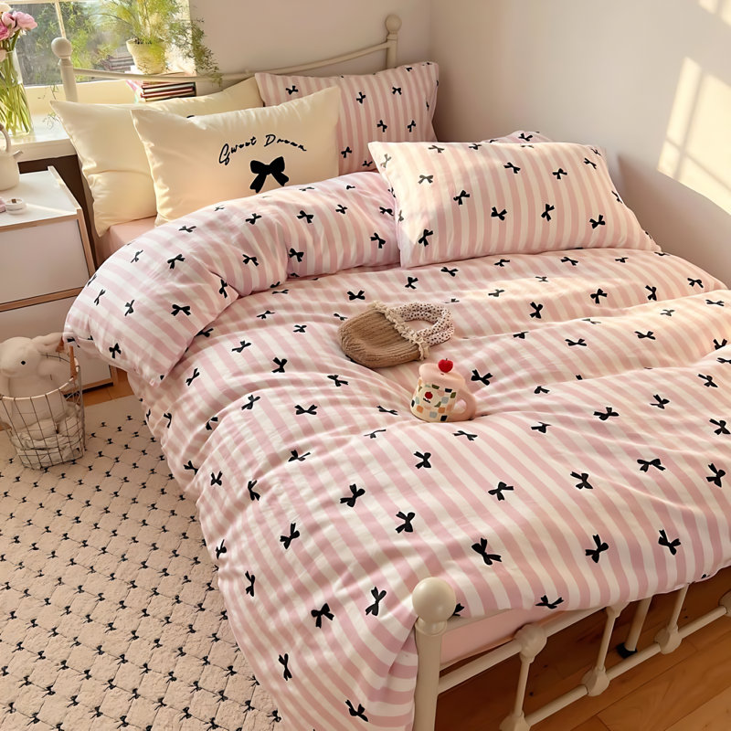 Nayoroom Cute Bowknot Cartoon Duvet Cover Set Bowknot Polka Dot On Abstract Striped Comforter Cover Zipper Closure For Kids Girls Boys Woman