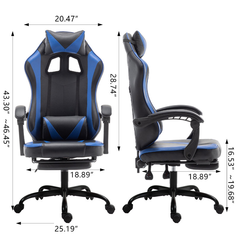 Reclining Ergonomic Faux Leather Swiveling PC & Racing Game Chair with Footrest, Blue, 46.46" H x 23.62" W x 24.40" D