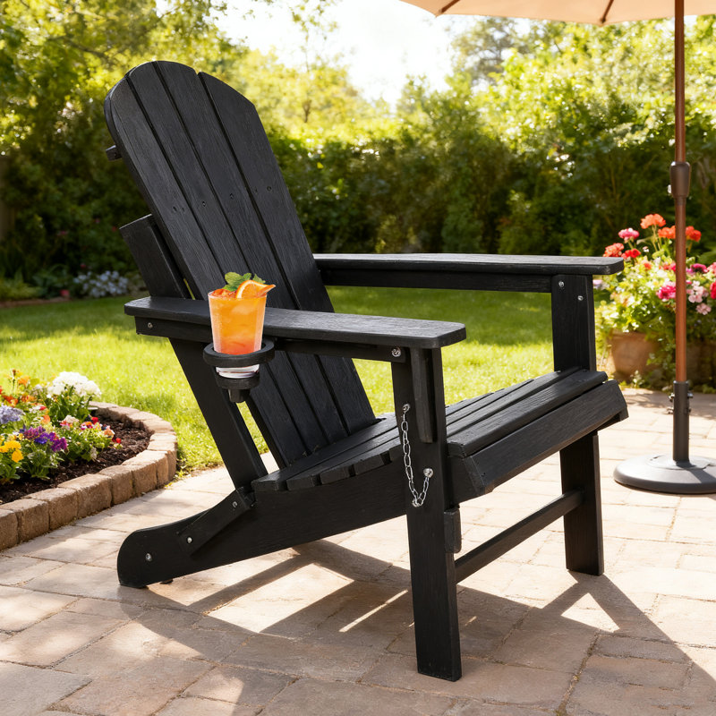 Hdpe Folding Adirondack Chairs With Cup Holder, Black