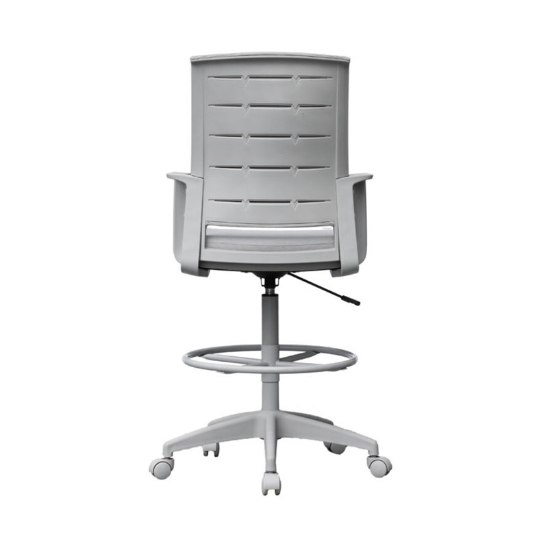 Tabouret de dessin pivotant, accoudoirs fixes, dossier en filet gris, repose-pieds chromé