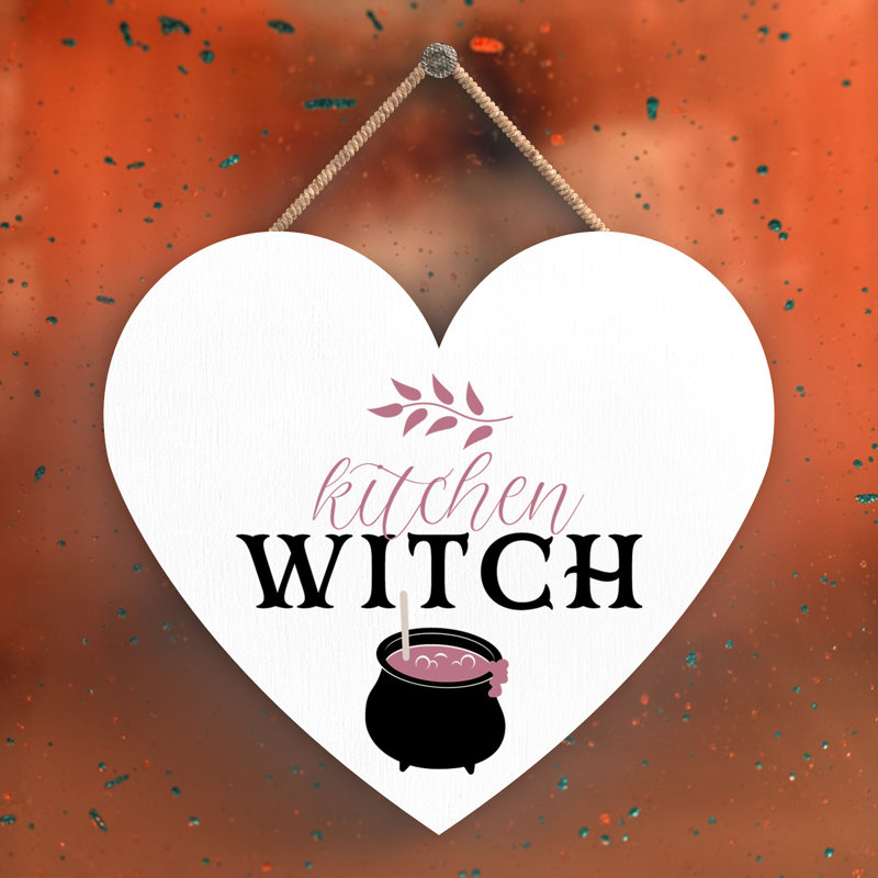 Kitchen Witch Wooden Heart Plaque, 10cm H x 9cm W x 0.5cm D, White