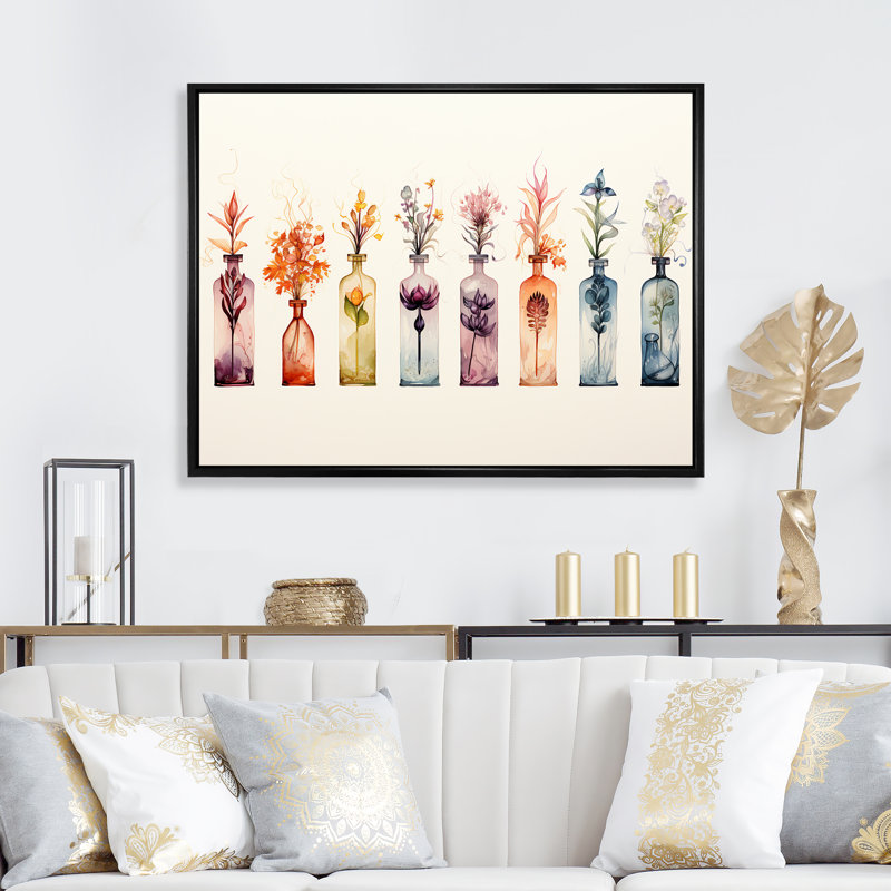 Watercolor Floral Perfumes - Perfumes Wall Art, Cadre flottant noir, H 16 po x l 32 po x P 1 po