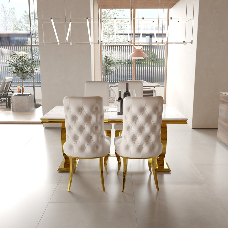 Glam White And Gold Dining Table Set With 4 White Leather Buttons Tufted Dining Chairs, 5