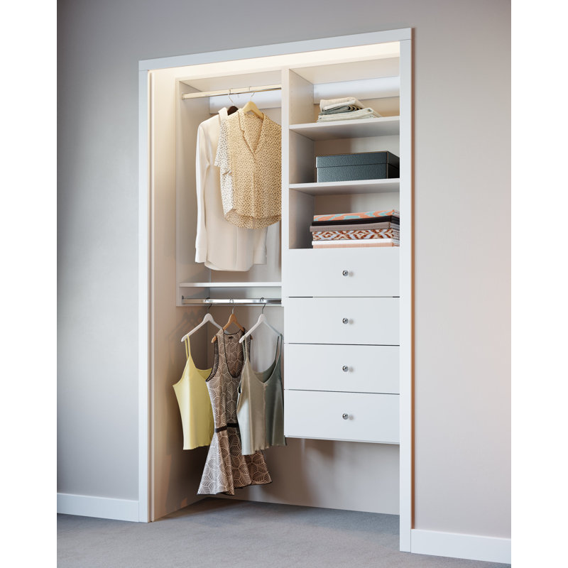 White Wood Compact Closet Kit with Shelving, 60" Wide