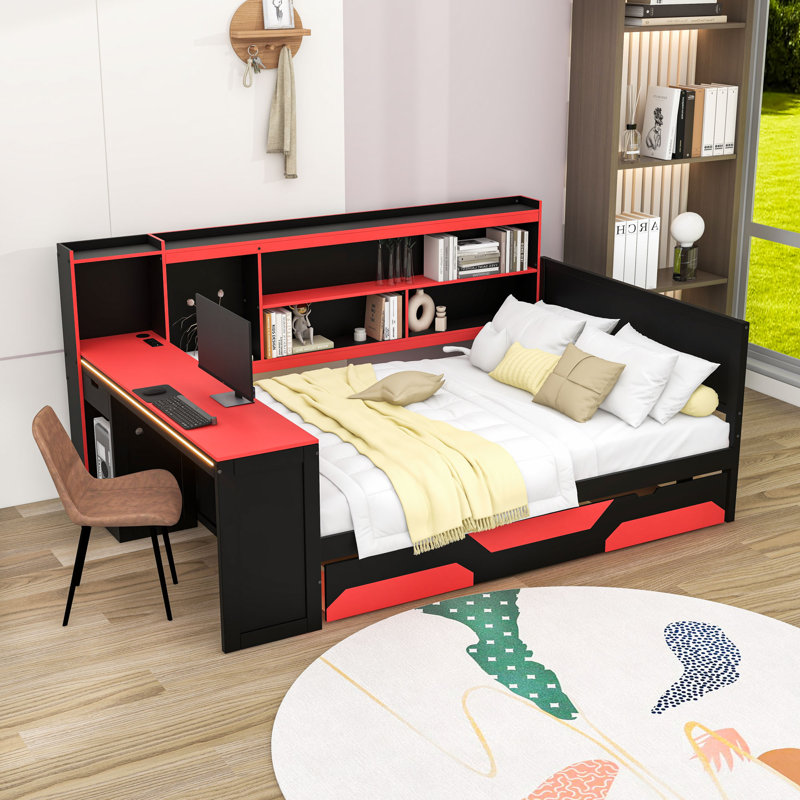 Lit de jour de jeu intégré avec bureau intégré, éclairage d'ambiance et tiroirs de rangement, Complet/Double, Noir / Rouge
