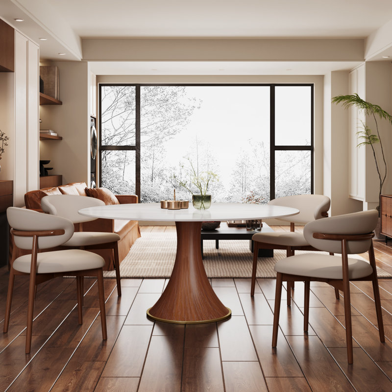 5 - Piece Mid-Century Round Pedestal Kitchen Dining Table Set With 4 Upholstered Chairs, 29.52” H x 53.15” L x 53.15” W