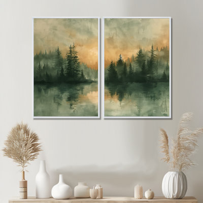 Vert et jaune lever de soleil brouillard dans la forêt III - campagne grand décor mural 2 pièces