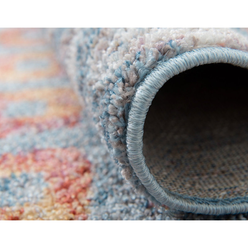 Tapis bleu ciel à motif géométrique Corvena, Rond 3 pi 3 po