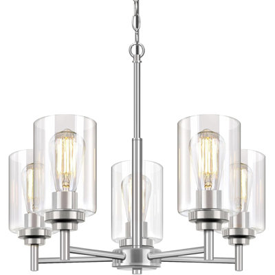 Luminaire suspendu moderne à 5 lumières avec abat-jour en verre transparent et plafonnier en nickel brossé pour salle à manger