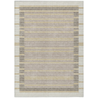 5' X 8' Ivory And Beige Striped Washable Indoor Outdoor Area Rug