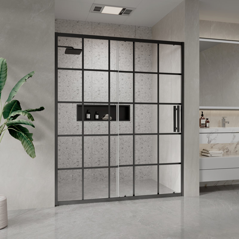  Porte de douche coulissante encadrée avec panneau fixe l 50 à 54 po x H 72 po, noir mat, motif grille française, verre trempé nano-enduit